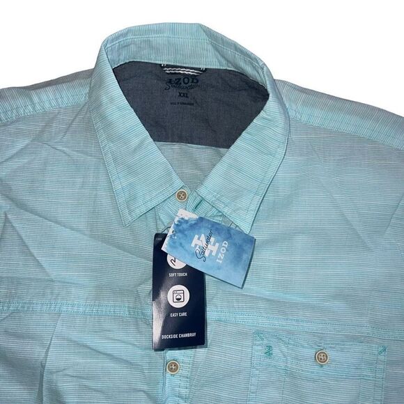NWT IZOD Saltwater ￼Turquoise & White Striped Short Sleeve Button Down Size XXL - Picture 3 of 6